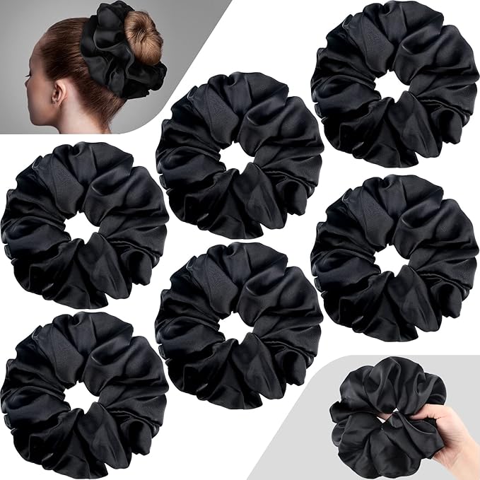 Waydress Big Satin Silk Scrunchies Hair Ties - 6 Pieces 7.2 Inch Satin Elastic Silk Hair Bands Jumbo Gaint Oversize Black Thick Scrunchy Large Ponytail Holder Accessories Gift for Women and Girls