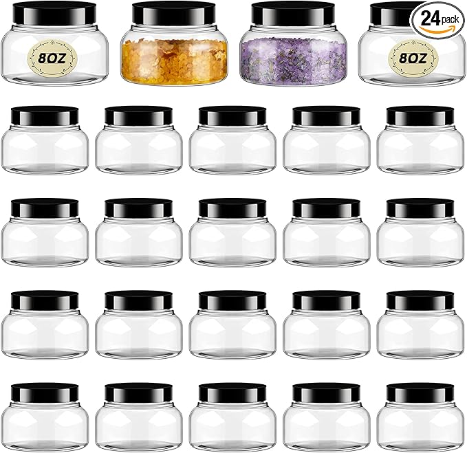 Tessco for you 24 Pack Plastic Jars with Lids Labels Multiuse Slime Containers Empty Body Scrub Jars Round Refillable Cosmetic Body Butter Container for Makeup (8 oz,Clear,Black)