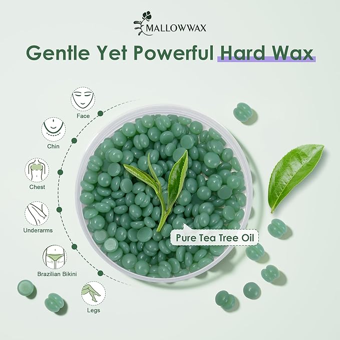 Mallowwax Hard Wax Beads - Wax for Sensitive Skin Hair Removal - 2.5lb Tea Tree Wax Beads for Face, Underarms, Bikini, Legs