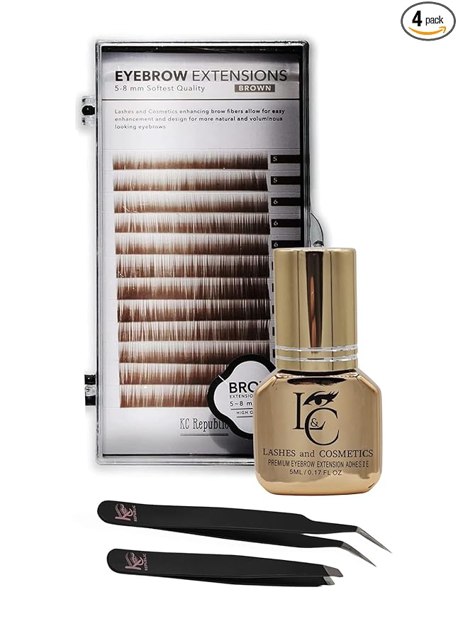 Eyebrow Extensions Premium Kit with 1 x Trays of Mink Eyebrows in Brown Comes on Mixed Length Trays 5-8 Mm Mix, Eyebrow Premium Glue Clear & Dual Pack (Straight & Curved Tip) Extension Tweezers