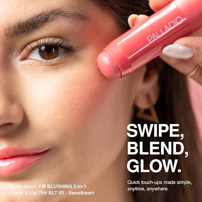 Palladio I'm Blushing 2-in-1 Cheek and Lip Tint, Buildable Lightweight Cream Blush, Sheer Multi Stick Hydrating formula, All day wear, Easy Application, Shimmery, Blends Perfectly to Skin, Sweetheart
