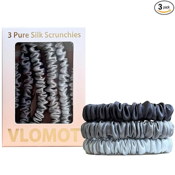 VLOMOT 3 Pcs Set 100% Pure Mulberry Silk Hair Scrunchies Hair Ties with 3 Chic Colors Everyday Skinny Scrunchies Silk Ponytail Holders Hair Care No Damage (Grey)