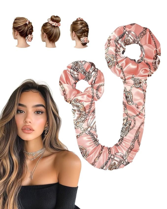 BONNET QUEEN Satin Heatless Hair Curler, Overnight Curls for Long Hair, Ultra Soft Daily Use of Hair Accessories & 2 Scrunchies, Damage-Free Styling, Soft Hair Curlers for Overnight, Pink Print