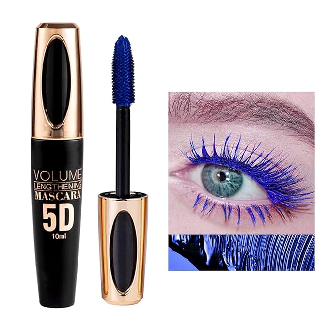 Blue Waterproof Mascara for Eyelashes - 5D Silk Fiber Lash, Long Lasting, Smudgeproof, Lengthening, Defining, Curling, Volumizing - Colorful Eye Makeup for Party and Stage Use