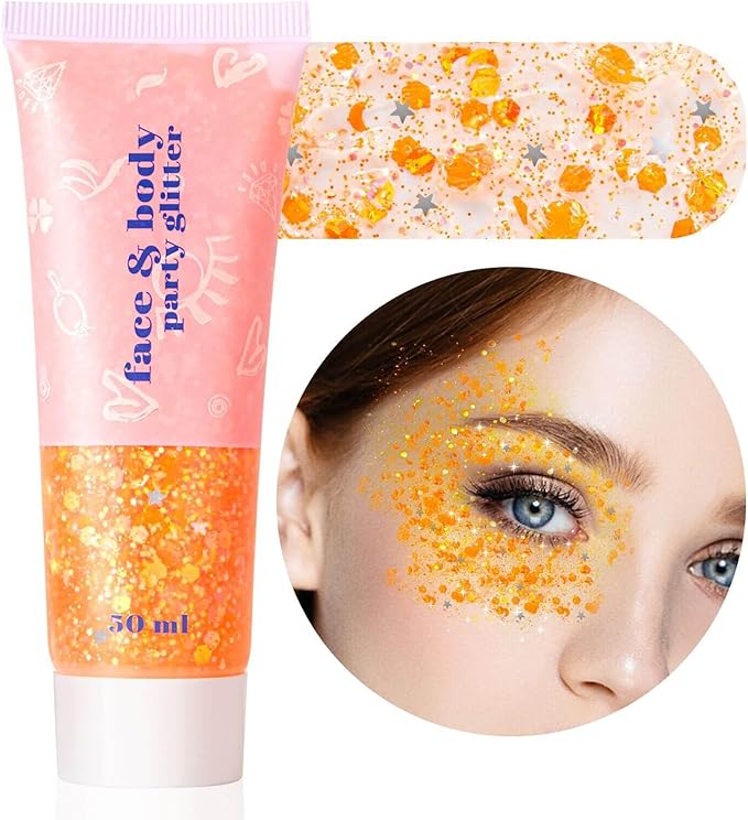 MEICOLY Orange Face Body Glitter,Sparkling Hair Face Glitter Gel,Mermaid Sequins Face Paint Glitter Autumn Makeup,Halloween Festival Rave Accessories Makeup,Party Body Glitter Gel for Women Kids