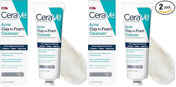 CeraVe Clay To Foam Acne Face Wash,Salicylic Acid & Kaolin Clay Acne Spot Treatment Clears Pimples & Blackheads, Prevents Breakouts, Hydrates & Soothes, Fragrance-Free, Non-Comedogenic,4oz,(Pack of 2)