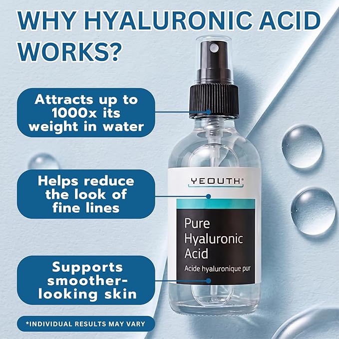 YEOUTH Pure Hyaluronic Acid Serum for Face 99% for Dry & Dull Skin, Hydrating Hyaluronic Acid Face Serum for Women & Men, Facial Care For All Skin Types 1oz