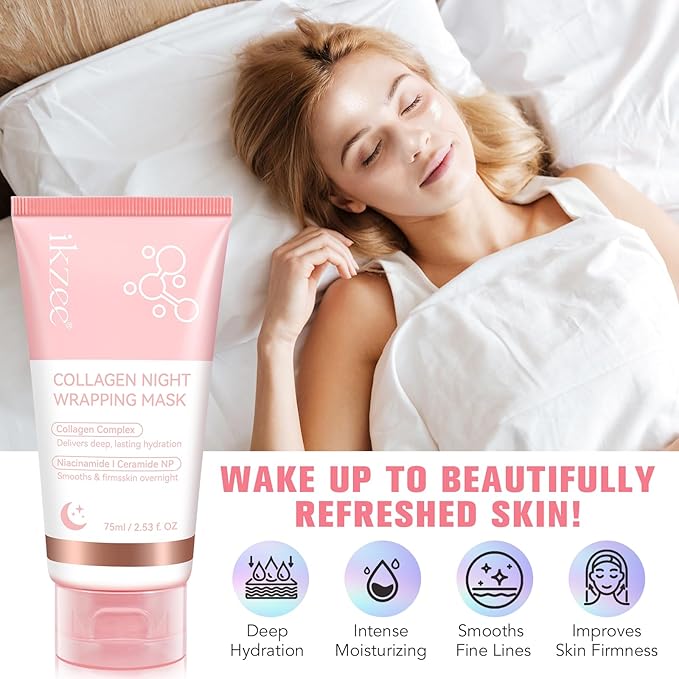Collagen Night Wrapping Mask, Overnight Peel Off Facial Mask with Hydrolyzed Collagen for Hydrated, Plumped & Smooth Skin