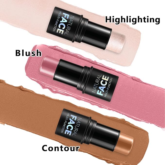 3Pcs Cream Contour Stick Makeup Kit, Shades with Highlighter, Blush and Bronzer Contour Stick for Sculpt the Cheeks, Long Lasting, Waterproof, Matte & Dewy Finish (F)