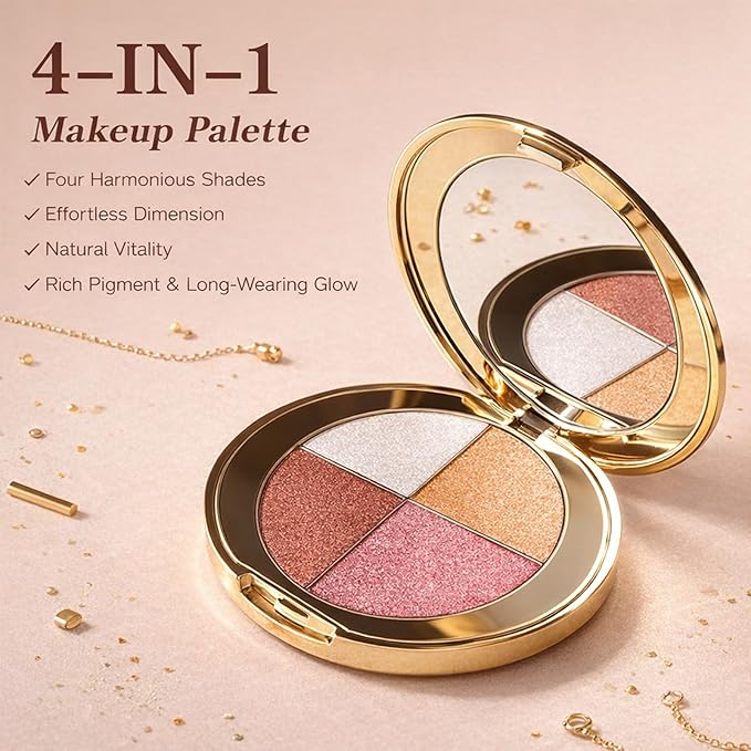 Eyes & Cheeks Makeup Palette - 4-in-1 Eyeshadow, Blush, Highlighter & Bronzer with Smooth Velvet Texture that Blends Easy, Travel-Friendly Full Face Makeup Kit, Perfect Palette Gift for Women