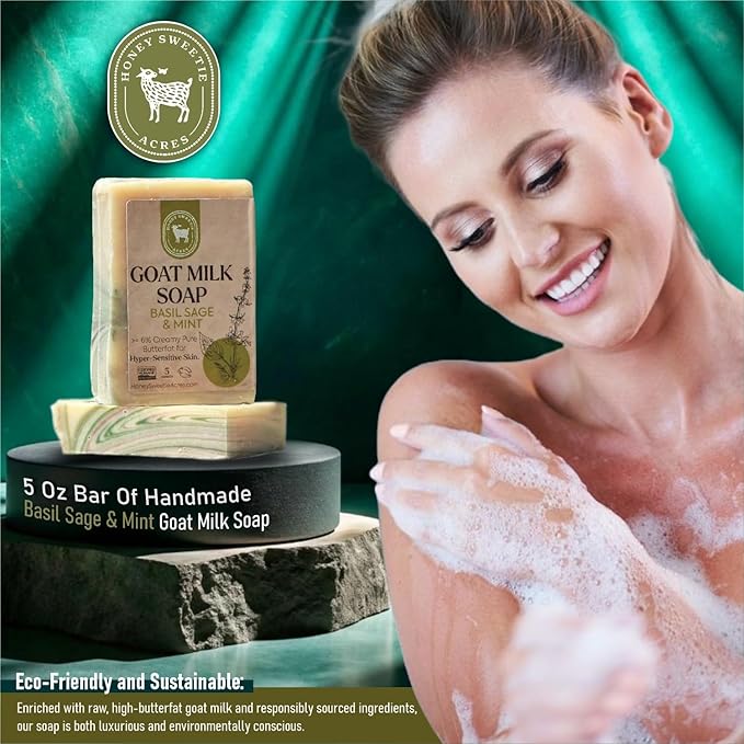 Honey Sweetie Acres 2-Pack Basil, Sage & Mint Goat Milk Soap - Handmade 5 oz Bar, Made with Natural Ingredients, Moisturizing & Gentle, Made in the USA