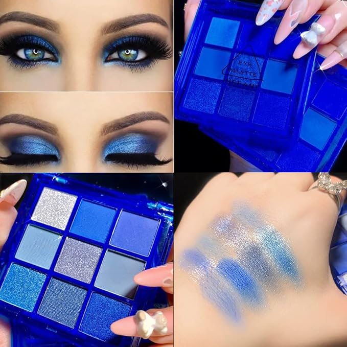 9-Color Glitter Matte Blue Eyeshadow Palette, Silver Grey, Light Blue, Highly Pigmented Waterproof Corpse Bride Makeup for Blue Eyes