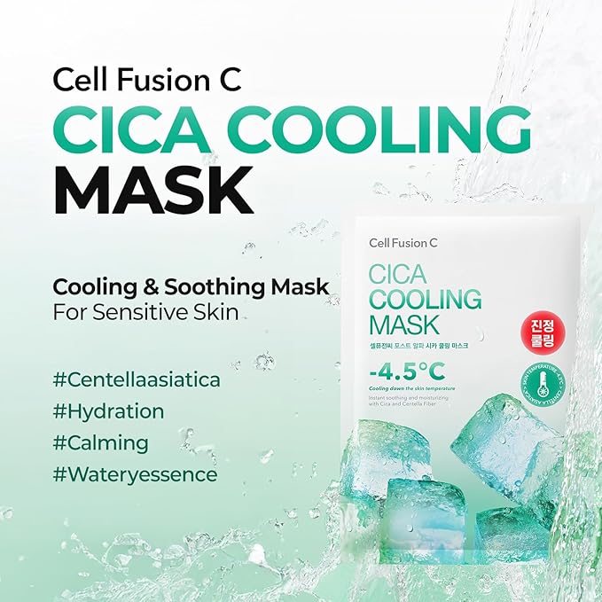 Cell Fusion C Post Alpha Cica Cooling Sheet Mask 5EA, Soothing, Cooling and De-puffing, Centella Asiatica & Panthenol, Korean Skin Care