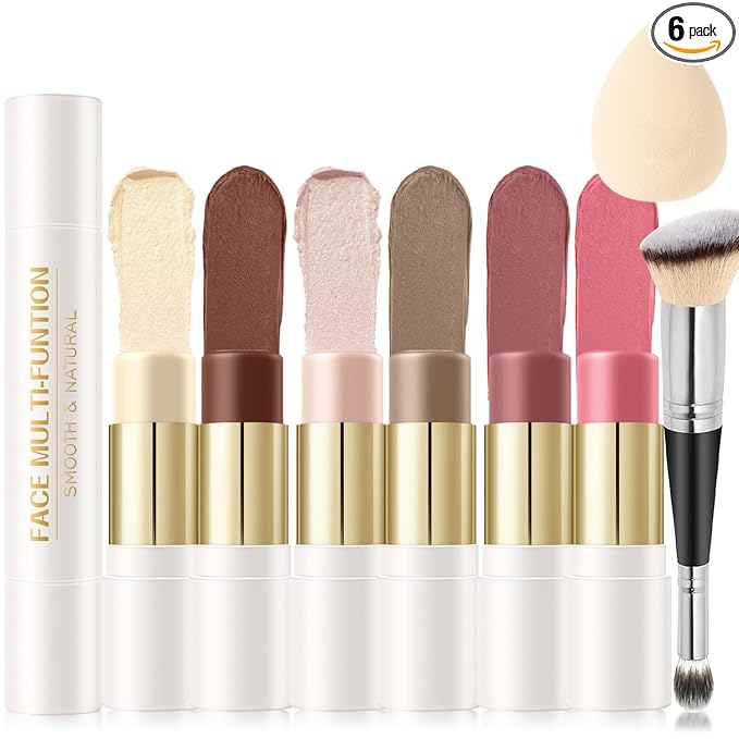 6 Colors Cream Contour Stick Makeup Contour Kit, Double-ended Cream Bronzer for Sculpt, Highlighter and Blush Stick Makeup Kit, Matte & Dewy Finish (SET A)