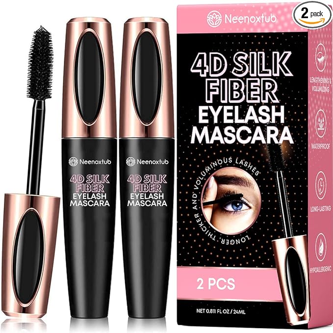4D Silk Fiber Lash Mascara, Lengthening and Thick, Long Lasting, Waterproof & Smudge-Proof, Hypoallergenic Formula 2 Pack Black