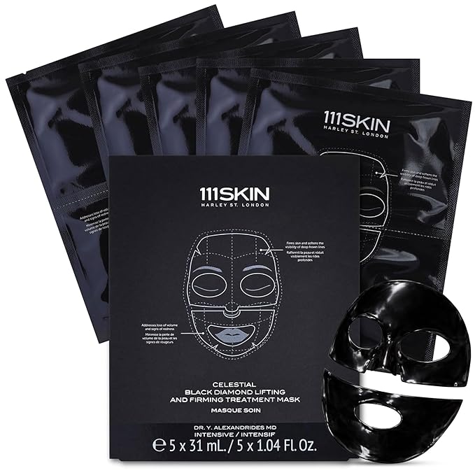 111SKIN Celestial Black Diamond Lifting and Firming Treatment Mask - Anti-Aging - Tone, Tighten, Retexturize Complexion - Fragrance Free - Set of 5 (2.5 oz each) - Face Mask