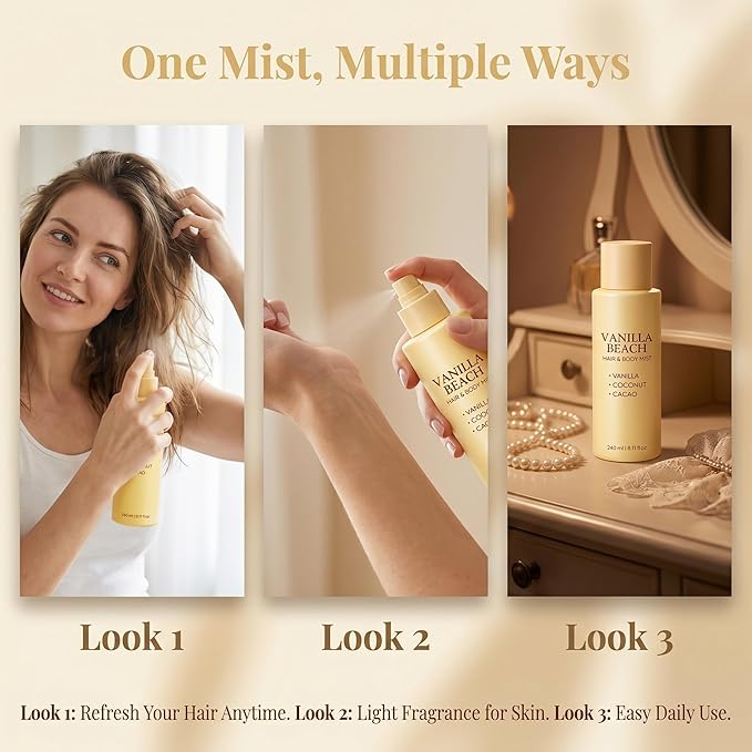 Vanilla Beach Hair and Body Mist - Vanilla Coconut Scented Personal Care Spray, Lightweight Daily Refresh Mist for Hair and Skin - 8.11 fl oz (3pcs)