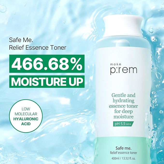 Make P:REM Safe Me. Relief Essence Toner, Quick and Deep Hydrating Face Toner, All Skin Types, 24-Hour Moisturizing, EVE Vegan, Korean Skin Care (6.76 fl oz, 200ml)