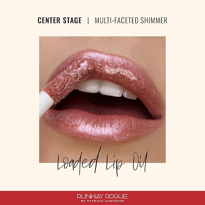 Runway Rogue Loaded Lip Oil, Hydrating and Plumping Lip Shimmer Oil with Tri-Peptide Formula, Soft Sable Rose Shimmer, ‘Center Stage’