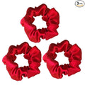 SALE! Pure Mulberry Silk Scrunchies (16 Momme) - Hair Ties for Women With Curly or Thick Tresses, Black Satin Sleep Edition (3 Packs of 15, Red)