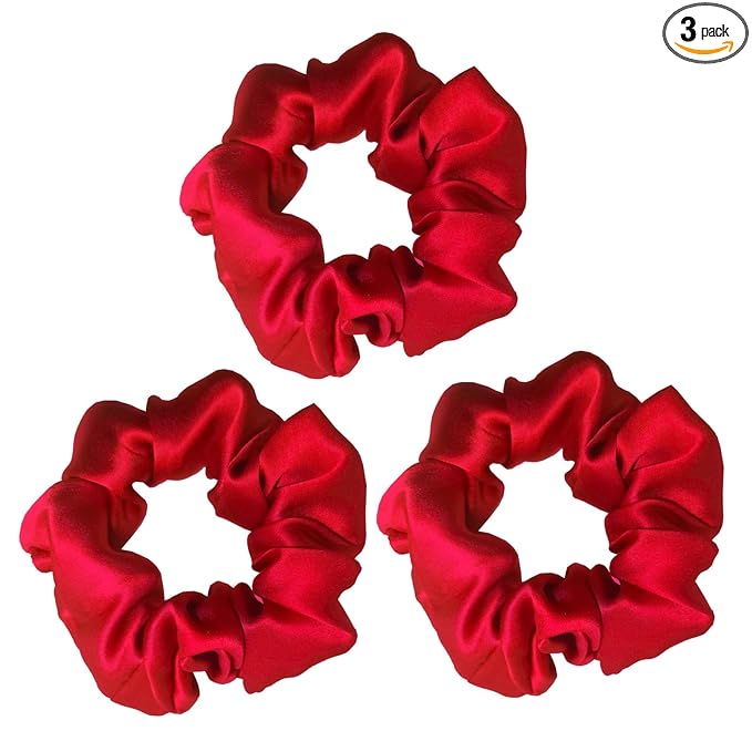 SALE! Pure Mulberry Silk Scrunchies (16 Momme) - Hair Ties for Women With Curly or Thick Tresses, Black Satin Sleep Edition (3 Packs of 15, Red)