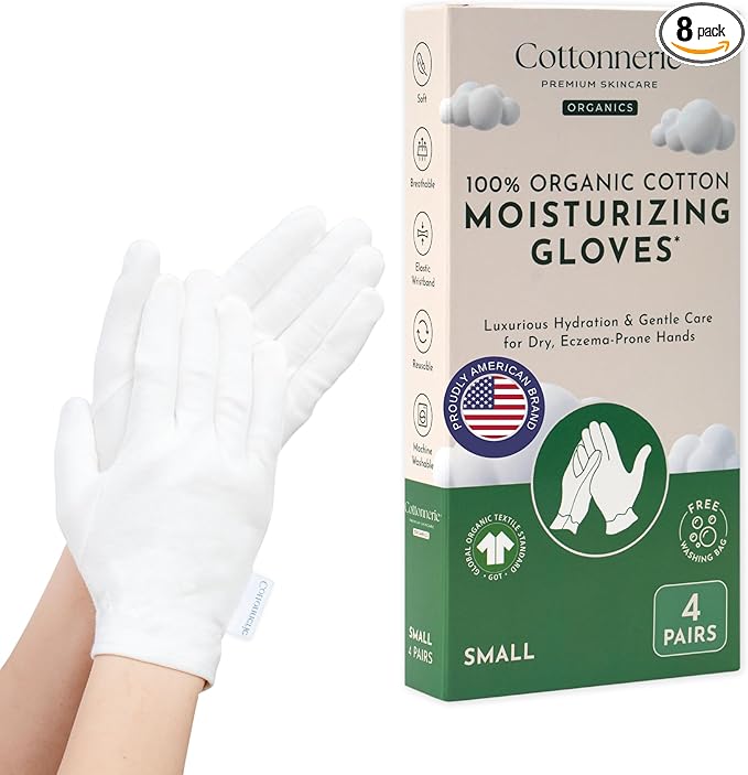 4 Pairs Cottonnerie Organic Cotton Gloves for Dry Hands Sleeping, Moisturizing Gloves Overnight, Hand Moisturizer Gloves, Moisture Gloves for Dry Hands Overnight, Sleeping Gloves, Small