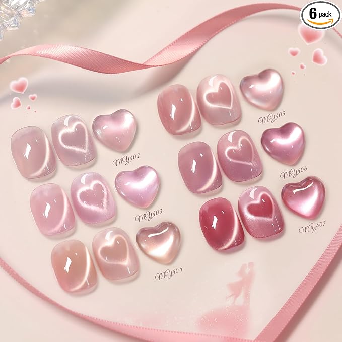 Born Pretty Pink Cat Magnetic Eye Gel Nail Polish,6 Colors Jelly Nude Light Pink Glass Crystal Glitter Shimmer Magnetic Gel Polish, Soak Off U V Gels Valentine's Day Manicure Collection