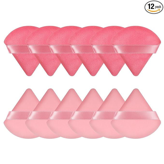 Pimoys 12 Pcs Triangle Powder Puff Pink Velour Makeup Puff, Dry Use for Foundation on Cheeks Forehead Eyes and T-Zone, Reusable for Home Travel and Pro Use