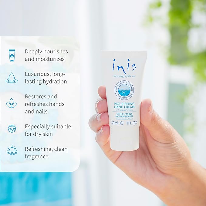 Inis the Energy of the Sea - Nourishing Hand Cream Travel Size for Women and Men, Rich Shea Butter Hand Moisturizer with Argan Oil and Seaweed, Clean Ocean Fresh Scent, 1 fl oz