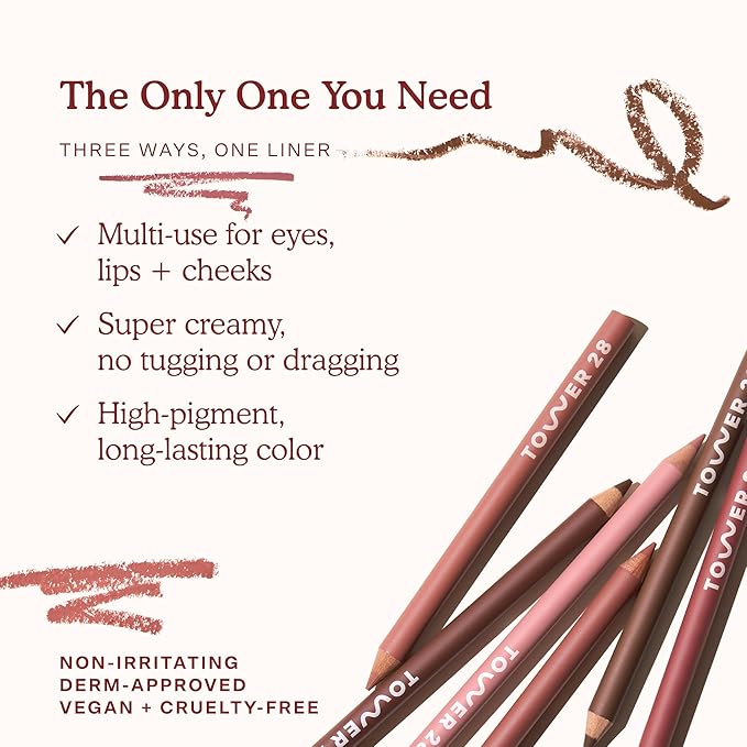 Tower 28 OneLiner - Multi-Use Creamy Lip Liner, Eyeliner & Face Makeup Pencil for Sensitive Skin - Hydrating, Vegan Formula with Shea Butter - Matte, Long-Lasting Finish - Muted Mauve (1 Count)