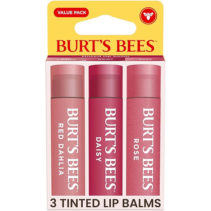 Burt’s Bees Tinted Lip Balm, Mothers Day Gifts, Value Pack Includes 3 Lip Balms: Red Dahlia, Daisy and Rose; 8 Hour Moisture; Nourishing Shea Butter; 100% Natural Origin; 3 Tubes