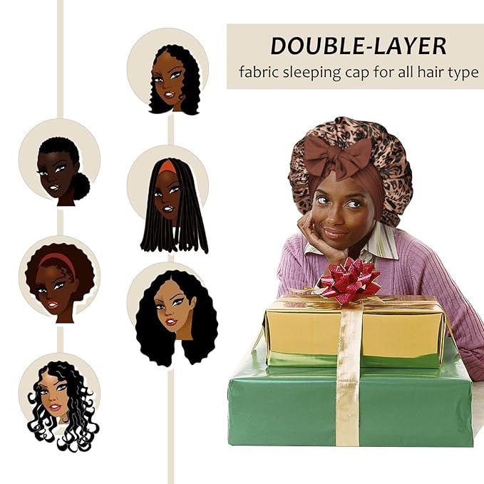 AWAYTR Satin Bonnet for Women Tie Band Hair Bonnet Large 2 Layered Silk Sleeping Cap Nightcap with 3PCS Hair Scrunchies (US, Alpha, One Size, Leoprad Print(Brown))