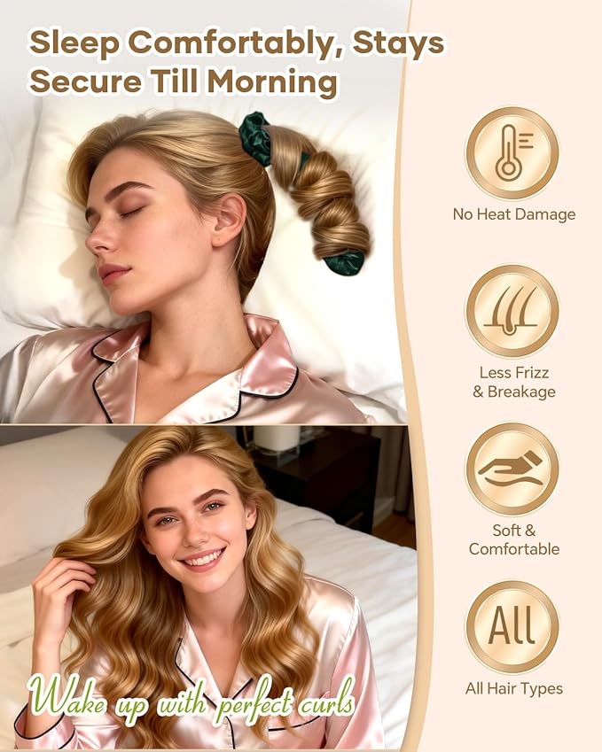 BONNET QUEEN Satin Heatless Hair Curler, Overnight Curls for Long Hair, Ultra Soft Daily Use of Hair Accessories & 2 Scrunchies, Damage-Free Styling, Soft Hair Curlers for Overnight, Dark Green