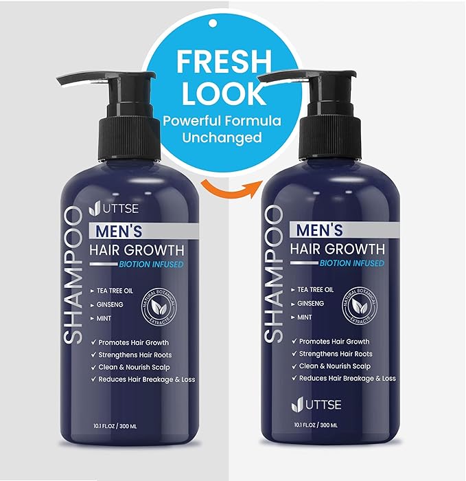 Uttse Biotin Hair Growth Shampoo for Men: Natural Thickening Shampoo with Tea Tree Oil Ginseng Mint for Hair Loss and Thinning Hair - 10.1 fl.oz, Dark Blue