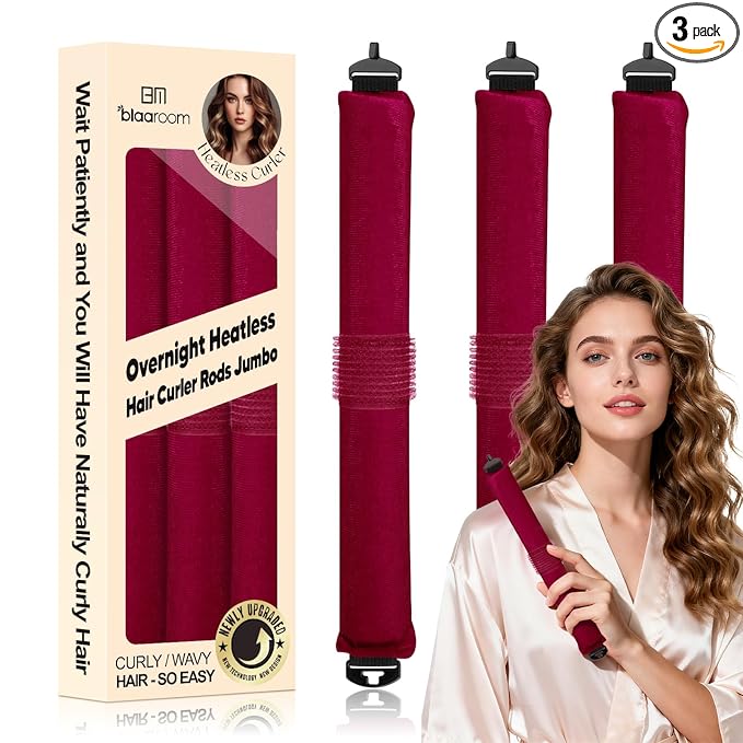 Overnight Heatless Hair Curler, Upgraded with Hair Pad Grippers Satin Jumbo Flexi Blowout Curls Rods, 3pcs No-Heat Styling Tools Curling Rod to Sleep in for All Hair Types - Wine Red