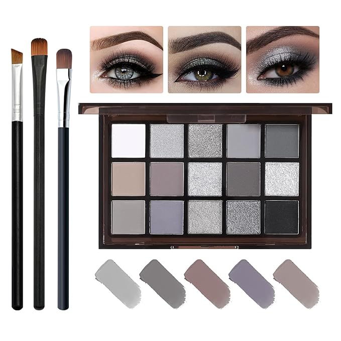 Black Smokey Grey Eyeshadow Palette, 15 Colors Shimmer Matte Eye Shadow Makeup Palette, Colorful Long Lasting High Pigmented Dark Grey Glitter Eyeshadow Palette for Daily,Goth Makeup and Halloween