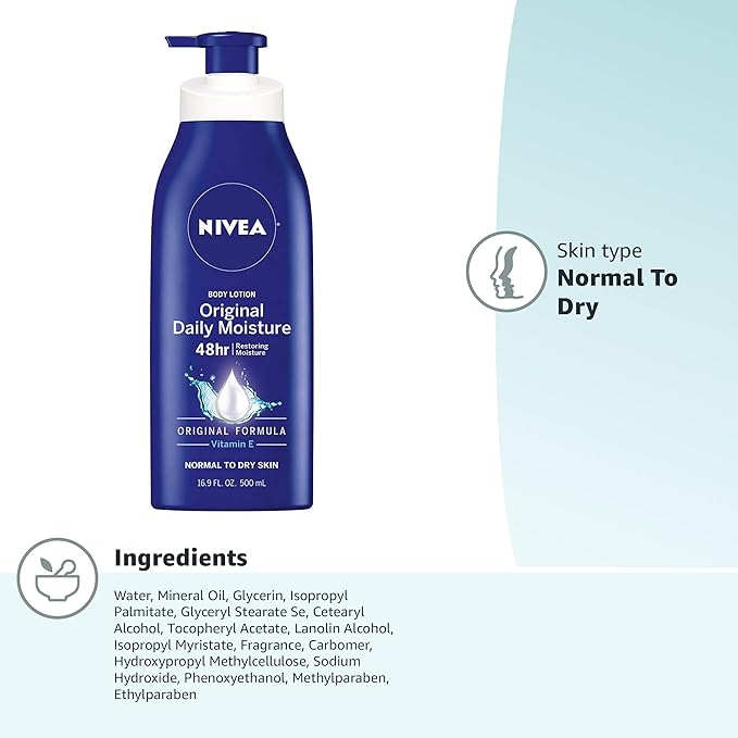 NIVEA Original Moisture Body Lotion with Vitamin E,48-Hour Body Moisturizer for Normal to Dry Skin,16.9 Fl Oz Pump Bottle, (Pack of 2)