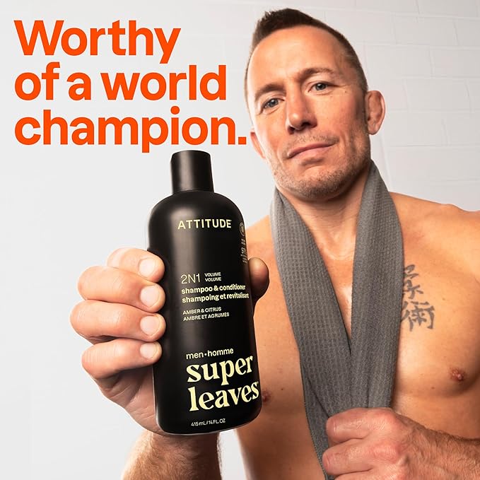ATTITUDE Men's Shampoo and Conditioner 2-in-1, Volumizing for Thin Hair, With Rosemary and Rice Protein, 97% Natural Origin Ingredients, EWG Verified, Amber & Citrus, 32 Fl Oz