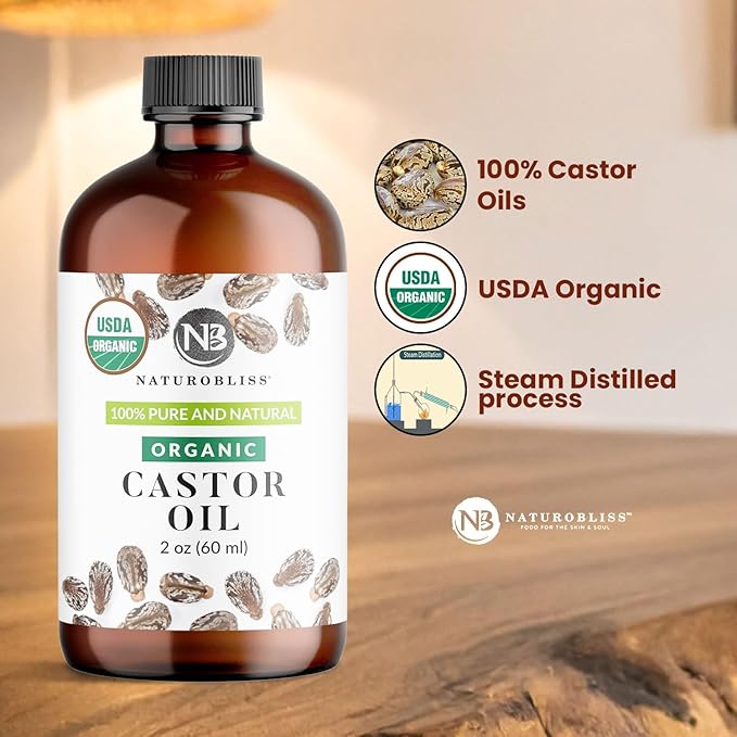 NaturoBliss 100% Pure Organic Castor Oil, Expeller-Pressed, Hexane-Free, Premium Carrier & Beauty Oil for Hair Growth, Eyelashes & Eyebrows, Skin Moisture, with Beauty Starter Kit – 2 oz