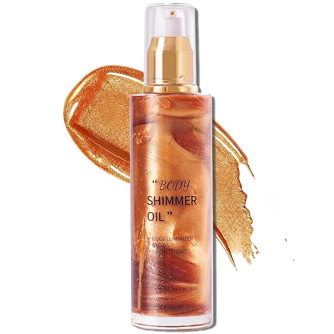 Body Shimmer Oil, Glow Glitter Oil, Face Glow Highlighter Illuminator, Shine Glitter Liquid Tanning for Radiant Skin, Body Makeup,Beach Essentials (3# Bronze Gold)