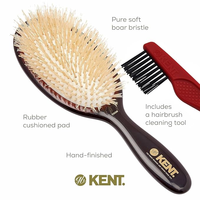 Kent CSGM 7.75" Classic Shine Medium Oval Cushion Straightening Brush and Hair Detangler - Soft White Boar Bristle Hair Brush - Shine Hair Brush and Scalp Scrubber for Mid-Length Fine or Thinning Hair