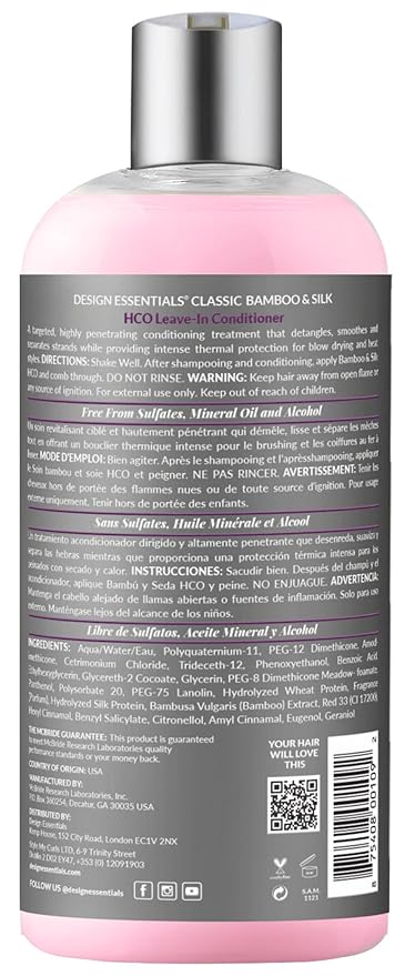 Design Essentials Bamboo & Silk HCO Leave-In Conditioner, Thermal Protection for Natural and Relaxed Hair, Softens & Detangles, 32 Oz, Pack of 1