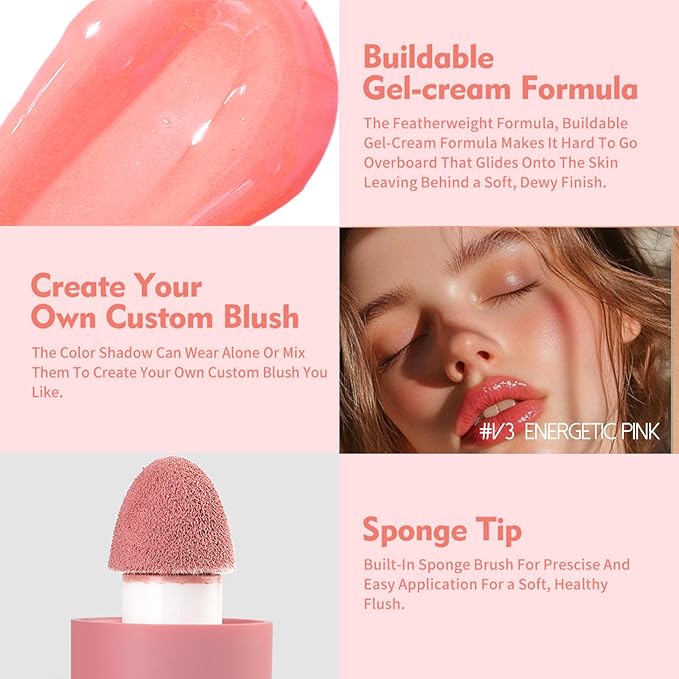 Blush Liquid Makeup Cream Stick, Blendable Cheek Weightless Watercolor Sheer Finish, Soft Peach Face Tint for Mature Skin, Easy Application Beauty Essential (V3 Energetic Pink)