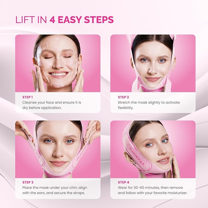 PLANTIFIQUE Chin Strap for Face Contouring - Reusable V Line Ice Silk Fabric Mask - Double Chin Shaping, Adjustable, Breathable Fabric - Jawline Shaper for Women & Men (Pink)