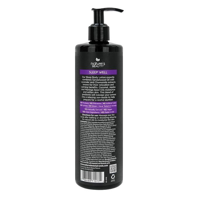 Nature's Beauty Lavender Chamomile Sleep Body Lotion, Lightweight Moisturizer for Dry Skin, with Shea Butter, Jojoba, Coconut & Moringa Oils, 16 fl oz