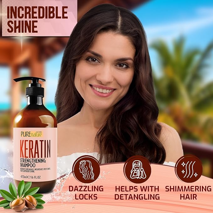 PURE NATURE LUX SPA Keratin Shampoo - Sulfate Free, Strengthening Formula - Repair Damaged and Dry Hair - Products for Women and Men - For Thinning Hair - 16 Fl Oz