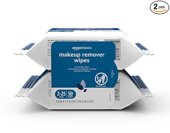 Amazon Basics Makeup Remover Wipes, Gentle Cleansing, Dermatologist Tested, pH-Balanced, Plant Based, Alcohol-Free, Removes Waterproof Mascara, 25 Count, 2-Pack