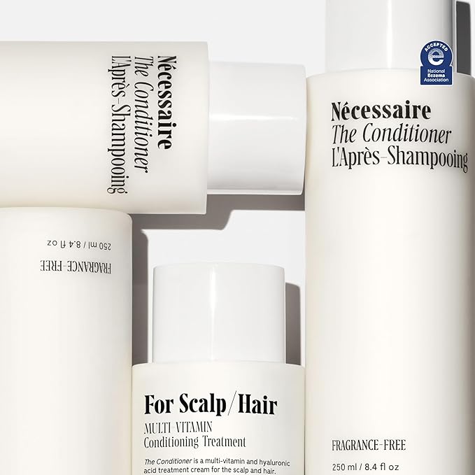 Nécessaire The Conditioner. Fragrance-Free. Hydrating Treatment For Scalp + Hair. Hyaluronic Acid. Hypoallergenic. Dermatologist-Tested. Non-Comedogenic. No Silicones. 250 ml / 8.4 fl oz