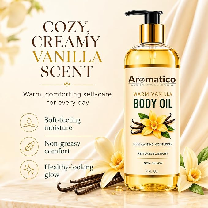 Aromatico Warm Vanilla Body Oil for Women - 7 fl oz | Moisturizing Scented Body Oil for After Shower Daily Use | Cozy, Creamy Vanilla Scent