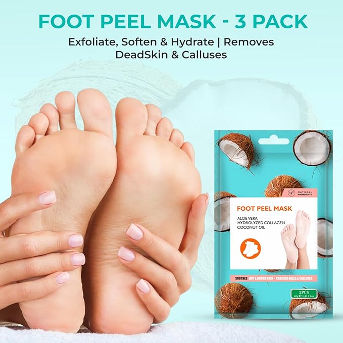 Happy Feet Coconut Exfoliating Foot Peel Mask – 3 Pack | Foot Peeling Mask for Dead Skin Removal, Smoother & Softer-Looking Feet, At-Home Foot Care Spa Treatment